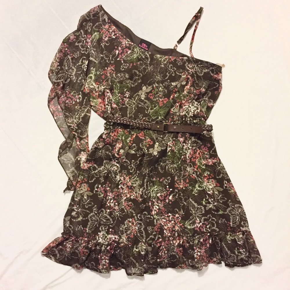 2b bebe Floral Sexy One Sleeve Chiffon Dress L